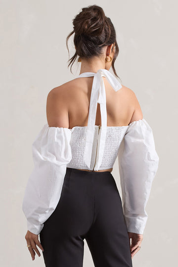 Theatric Ivory Halter-Neck Corset Top With Puff-Sleeves